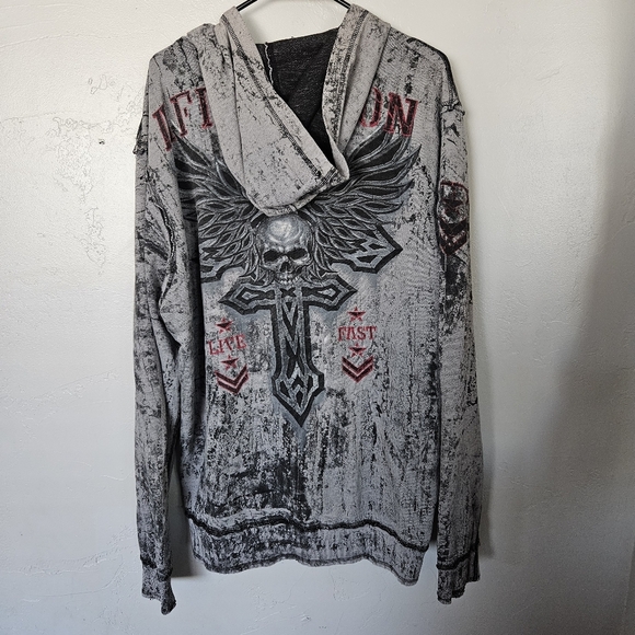 Affliction Men's XL Reversible  Black Gray Orange Edgy Zip-Up Jacket Cross Skull - Picture 5 of 13